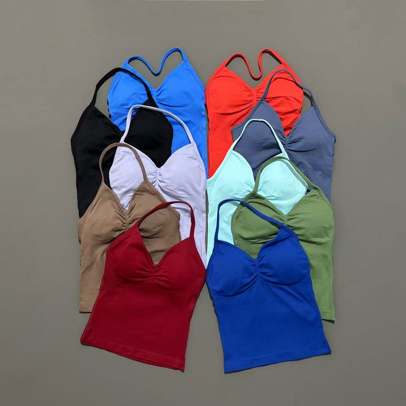 Aquatic Gym - เสื้อกีฬาผู้หญิงแบบไร้ตะเข็บสำหรับโยคะ มีฟองน้ำถอดได้ คอวี เสื้อกล้ามกีฬา วิ่งออกกำลังกาย ฟิตเนส